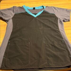 Black and Gray V-Neck Carhartt Scrub Top with Blue Trim
